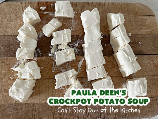 Paula Deen's Crockpot Potato Soup | Can't Stay Out of the Kitchen | this amazing #PotatoSoup #recipe uses frozen #HashBrowns, #CreamCheese & #CreamOfChickenSoup. It's topped off with #bacon, #CheddarCheese & #GreenOnions for amped-up flavor. Since it's made in the #SlowCooker, it's easy peasy too! Great for #tailgating. #soup #PaulaDeen #PaulaDeensCrockpotPotatoSoupPaula Deen's Crockpot Potato Soup | Can't Stay Out of the Kitchen | this amazing #PotatoSoup #recipe uses frozen #HashBrowns, #CreamCheese & #CreamOfChickenSoup. It's topped off with #bacon, #CheddarCheese & #GreenOnions for amped-up flavor. Since it's made in the #SlowCooker, it's easy peasy too! Great for #tailgating. #soup #PaulaDeen #PaulaDeensCrockpotPotatoSoup