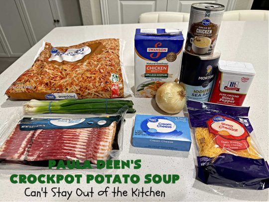 Paula Deen's Crockpot Potato Soup | Can't Stay Out of the Kitchen | this amazing #PotatoSoup #recipe uses frozen #HashBrowns, #CreamCheese & #CreamOfChickenSoup. It's topped off with #bacon, #CheddarCheese & #GreenOnions for amped-up flavor. Since it's made in the #SlowCooker, it's easy peasy too! Great for #tailgating. #soup #PaulaDeen #PaulaDeensCrockpotPotatoSoup