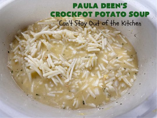 Paula Deen's Crockpot Potato Soup | Can't Stay Out of the Kitchen | this amazing #PotatoSoup #recipe uses frozen #HashBrowns, #CreamCheese & #CreamOfChickenSoup. It's topped off with #bacon, #CheddarCheese & #GreenOnions for amped-up flavor. Since it's made in the #SlowCooker, it's easy peasy too! Great for #tailgating. #soup #PaulaDeen #PaulaDeensCrockpotPotatoSoup