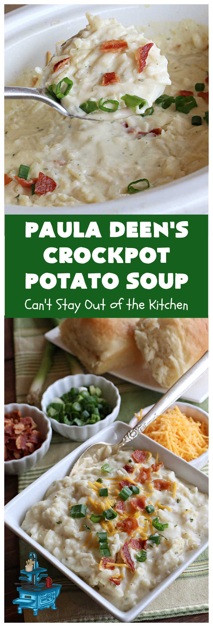 Paula Deen's Crockpot Potato Soup | Can't Stay Out of the Kitchen | this amazing #PotatoSoup #recipe uses frozen #HashBrowns, #CreamCheese & #CreamOfChickenSoup. It's topped off with #bacon, #CheddarCheese & #GreenOnions for amped-up flavor. Since it's made in the #SlowCooker, it's easy peasy too! Great for #tailgating. #soup #PaulaDeen #PaulaDeensCrockpotPotatoSoup