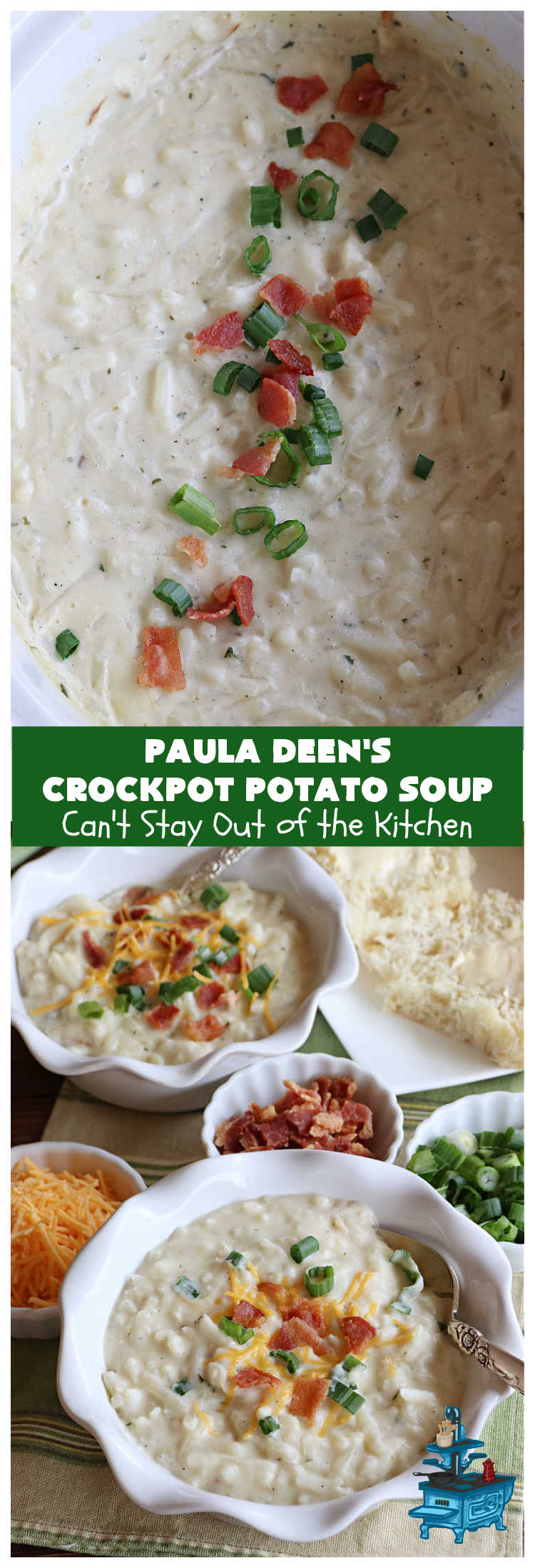 Paula Deen's Crockpot Potato Soup | Can't Stay Out of the Kitchen | this amazing #PotatoSoup #recipe uses frozen #HashBrowns, #CreamCheese & #CreamOfChickenSoup. It's topped off with #bacon, #CheddarCheese & #GreenOnions for amped-up flavor. Since it's made in the #SlowCooker, it's easy peasy too! Great for #tailgating. #soup #PaulaDeen #PaulaDeensCrockpotPotatoSoup