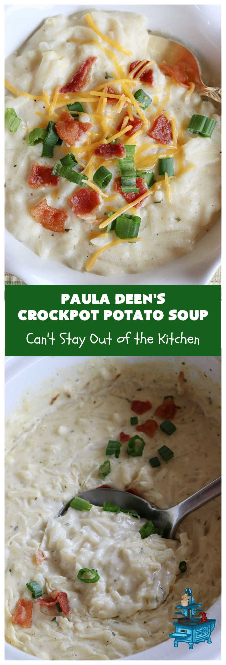 Paula Deen's Crockpot Potato Soup | Can't Stay Out of the Kitchen | this amazing #PotatoSoup #recipe uses frozen #HashBrowns, #CreamCheese & #CreamOfChickenSoup. It's topped off with #bacon, #CheddarCheese & #GreenOnions for amped-up flavor. Since it's made in the #SlowCooker, it's easy peasy too! Great for #tailgating. #soup #PaulaDeen #PaulaDeensCrockpotPotatoSoup