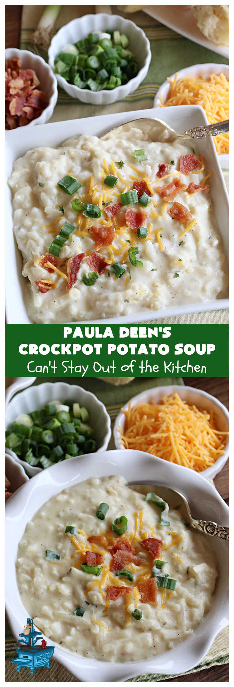 Paula Deen's Crockpot Potato Soup | Can't Stay Out of the Kitchen | this amazing #PotatoSoup #recipe uses frozen #HashBrowns, #CreamCheese & #CreamOfChickenSoup. It's topped off with #bacon, #CheddarCheese & #GreenOnions for amped-up flavor. Since it's made in the #SlowCooker, it's easy peasy too! Great for #tailgating. #soup #PaulaDeen #PaulaDeensCrockpotPotatoSoup