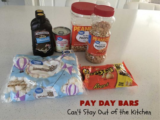 Pay Day Bars | Can't Stay Out of the Kitchen | this vintage #copycat #recipe of #PayDayBars is sure to please. It's rich, decadent & divine along with being chocked full of #peanuts #marshmallows #PeanutButterChips & glazed with a #Chocolate shell topping. Mouthwatering & irresistible. #dessert #ChocolateDessert #tailgating #GlutenFree