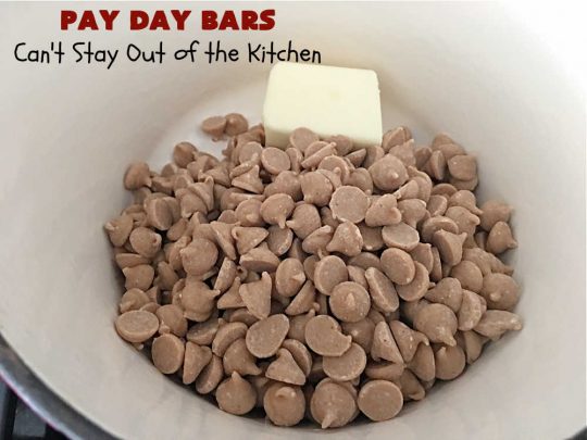 Pay Day Bars | Can't Stay Out of the Kitchen | this vintage #copycat #recipe of #PayDayBars is sure to please. It's rich, decadent & divine along with being chocked full of #peanuts #marshmallows #PeanutButterChips & glazed with a #Chocolate shell topping. Mouthwatering & irresistible. #dessert #ChocolateDessert #tailgating #GlutenFree