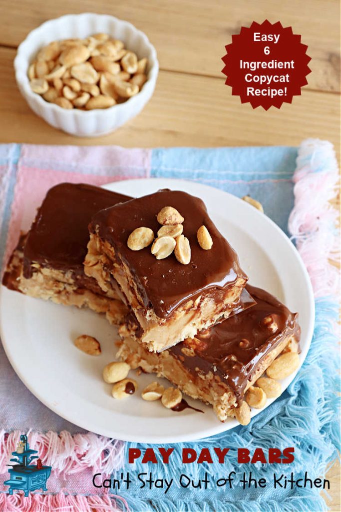 Pay Day Bars | Can't Stay Out of the Kitchen | this vintage #copycat #recipe of #PayDayBars is sure to please. It's rich, decadent & divine along with being chocked full of #peanuts #marshmallows #PeanutButterChips & glazed with a #Chocolate shell topping. Mouthwatering & irresistible. #dessert #ChocolateDessert #tailgating #GlutenFree