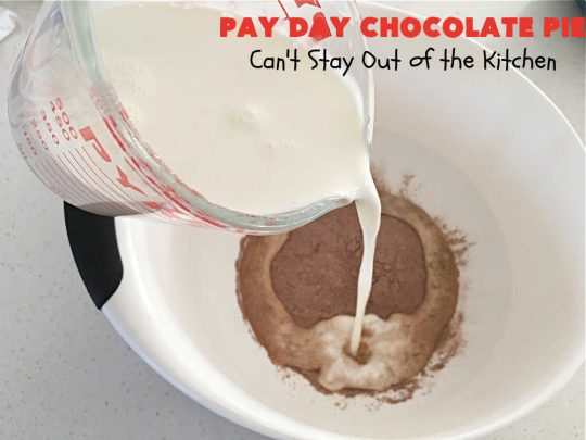 Pay Day Chocolate Pie | Can't Stay Out of the Kitchen | this swoon-worthy #ChocolatePie uses only 5 ingredients including #PayDayBars. Wonderful for #holiday or company dinners & so easy to make. #peanuts #pie #dessert #HolidayDessert #PayDayChocolatePie
