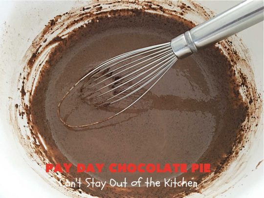 Pay Day Chocolate Pie | Can't Stay Out of the Kitchen | this swoon-worthy #ChocolatePie uses only 5 ingredients including #PayDayBars. Wonderful for #holiday or company dinners & so easy to make. #peanuts #pie #dessert #HolidayDessert #PayDayChocolatePie