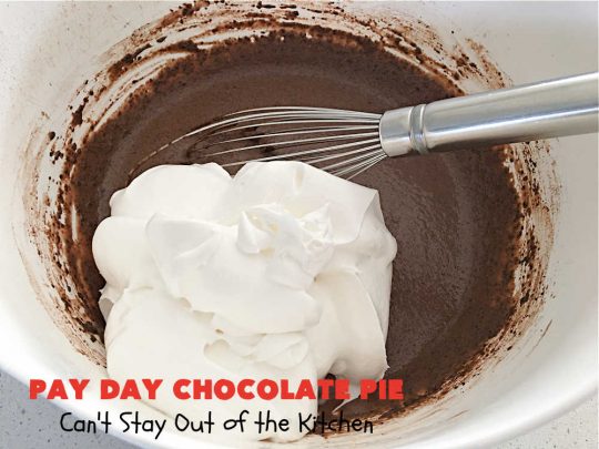 Pay Day Chocolate Pie | Can't Stay Out of the Kitchen | this swoon-worthy #ChocolatePie uses only 5 ingredients including #PayDayBars. Wonderful for #holiday or company dinners & so easy to make. #peanuts #pie #dessert #HolidayDessert #PayDayChocolatePie