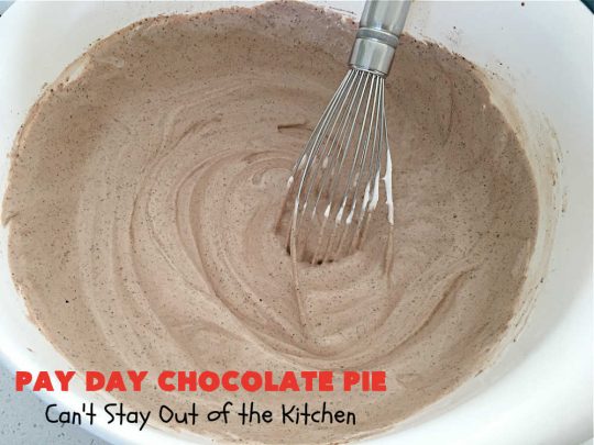 Pay Day Chocolate Pie | Can't Stay Out of the Kitchen | this swoon-worthy #ChocolatePie uses only 5 ingredients including #PayDayBars. Wonderful for #holiday or company dinners & so easy to make. #peanuts #pie #dessert #HolidayDessert #PayDayChocolatePie