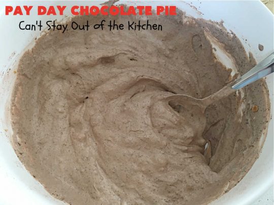 Pay Day Chocolate Pie | Can't Stay Out of the Kitchen | this swoon-worthy #ChocolatePie uses only 5 ingredients including #PayDayBars. Wonderful for #holiday or company dinners & so easy to make. #peanuts #pie #dessert #HolidayDessert #PayDayChocolatePie