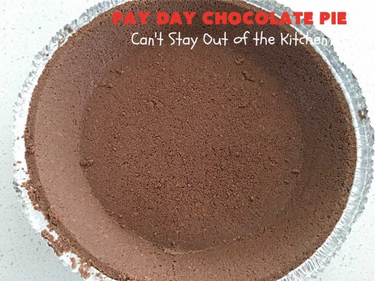 Pay Day Chocolate Pie | Can't Stay Out of the Kitchen | this swoon-worthy #ChocolatePie uses only 5 ingredients including #PayDayBars. Wonderful for #holiday or company dinners & so easy to make. #peanuts #pie #dessert #HolidayDessert #PayDayChocolatePie