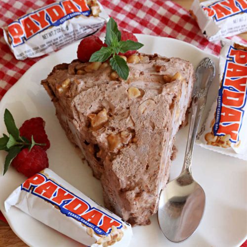 Pay Day Chocolate Pie | Can't Stay Out of the Kitchen | this swoon-worthy #ChocolatePie uses only 5 ingredients including #PayDayBars. Wonderful for #holiday or company dinners & so easy to make. #peanuts #pie #dessert #HolidayDessert #PayDayChocolatePie