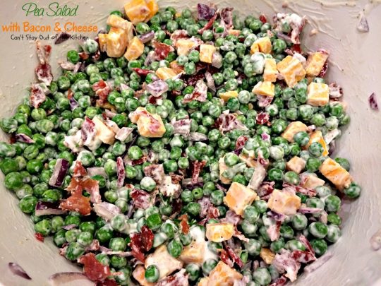 Pea Salad with Bacon and Cheese | Can't Stay Out of the Kitchen | great potluck #salad with #peas #bacon #cheese and #hard-boiledeggs. #glutenfree