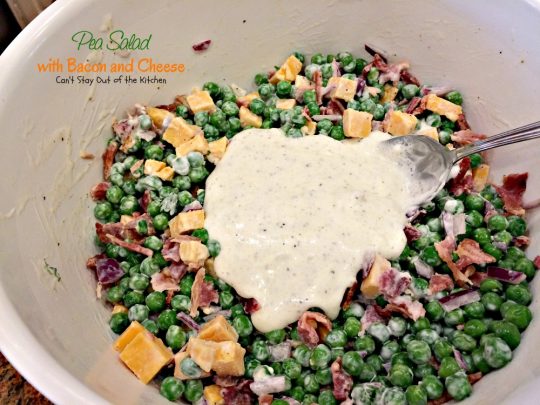 Pea Salad with Bacon and Cheese | Can't Stay Out of the Kitchen | great potluck #salad with #peas #bacon #cheese and #hard-boiledeggs. #glutenfree