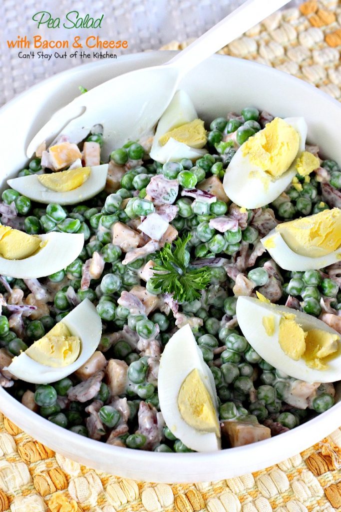 Pea Salad with Bacon and Cheese | Can't Stay Out of the Kitchen | great potluck #salad with #peas #bacon #cheese and #hard-boiledeggs. #glutenfree