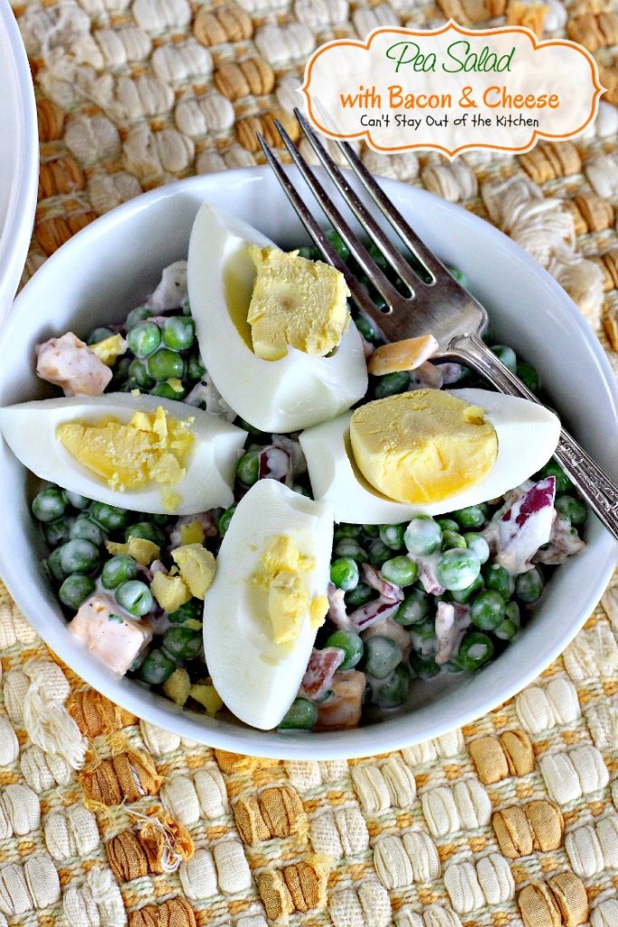 Pea Salad with Bacon and Cheese | Can't Stay Out of the Kitchen | great potluck #salad with #peas #bacon #cheese and #hard-boiledeggs. #glutenfree