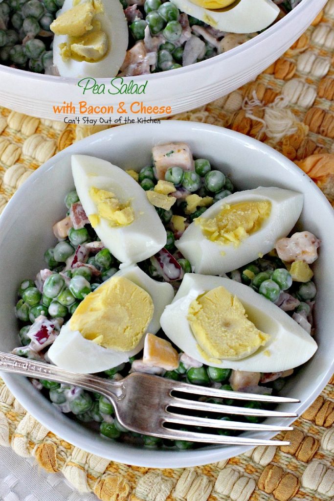 Pea Salad with Bacon and Cheese | Can't Stay Out of the Kitchen | great potluck #salad with #peas #bacon #cheese and #hard-boiledeggs. #glutenfree