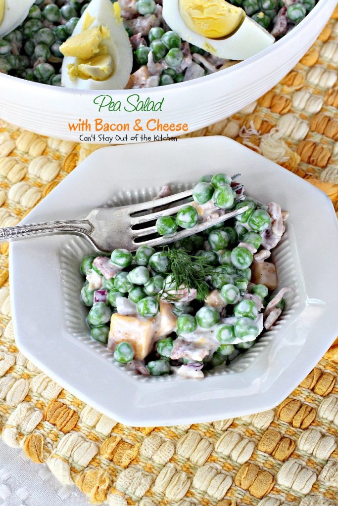 Pea Salad with Bacon and Cheese | Can't Stay Out of the Kitchen | great potluck #salad with #peas #bacon #cheese and #hard-boiledeggs. #glutenfree