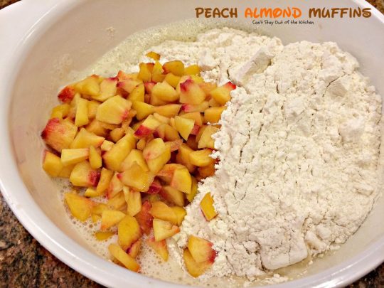 Peach Almond Muffins | Can't Stay Out of the Kitchen | these moist and delicious #muffins are filled with #peaches and have double the #almond flavor. Great for #breakfast or as a snack.