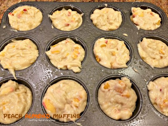 Peach Almond Muffins | Can't Stay Out of the Kitchen | these moist and delicious #muffins are filled with #peaches and have double the #almond flavor. Great for #breakfast or as a snack.