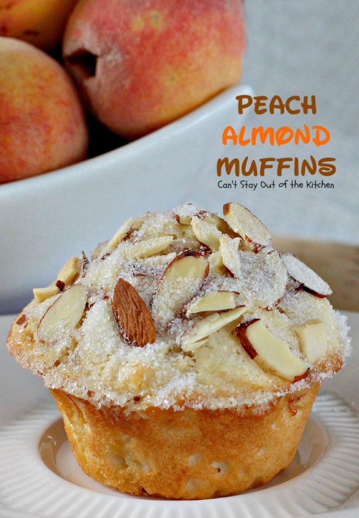 Peach Almond Muffins | Can't Stay Out of the Kitchen | these moist and delicious #muffins are filled with #peaches and have double the #almond flavor. Great for #breakfast or as a snack.