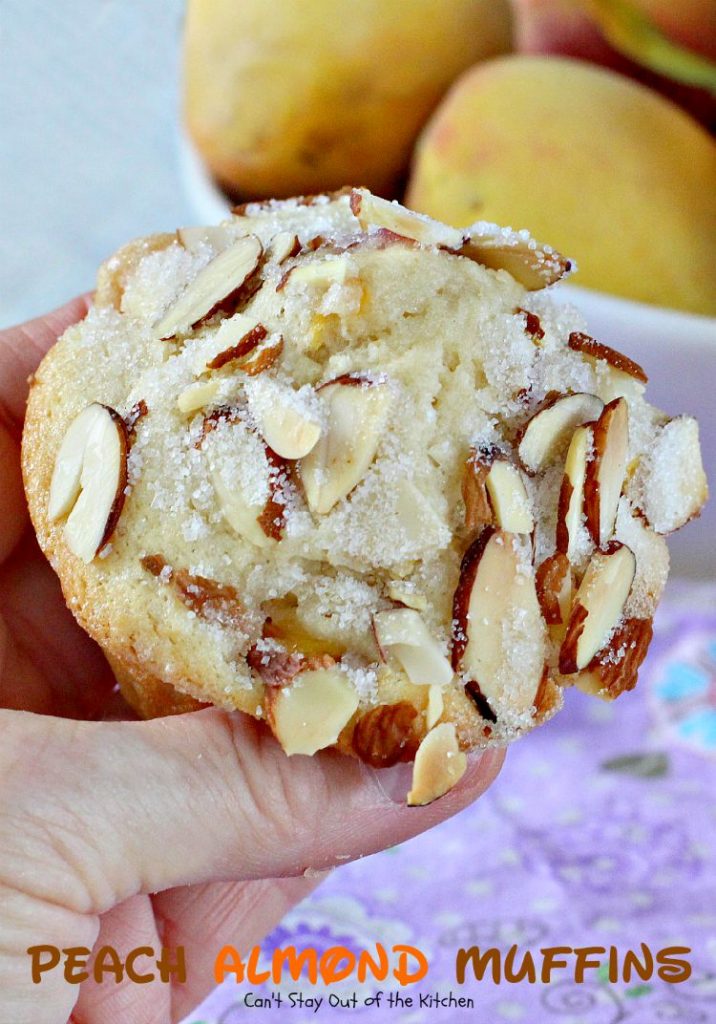 Peach Almond Muffins | Can't Stay Out of the Kitchen | these moist and delicious #muffins are filled with #peaches and have double the #almond flavor. Great for #breakfast or as a snack.