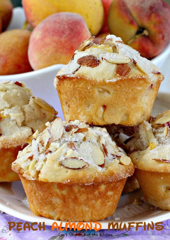 Peach Almond Muffins | Can't Stay Out of the Kitchen | these moist and delicious #muffins are filled with #peaches and have double the #almond flavor. Great for #breakfast or as a snack.