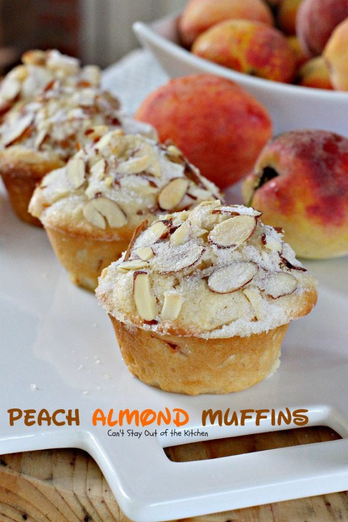 Peach Almond Muffins | Can't Stay Out of the Kitchen | these moist and delicious #muffins are filled with #peaches and have double the #almond flavor. Great for #breakfast or as a snack.