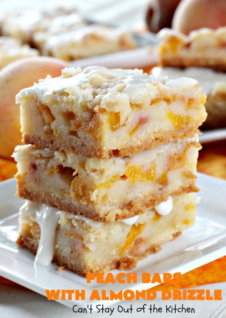 Peach Bars with Almond Drizzle | Can't Stay Out of the Kitchen | this heavenly #dessert uses fresh #peaches, has a streusel topping & glazed with #almond icing. Perfect #dessert for #LaborDay or other summer holidays. 