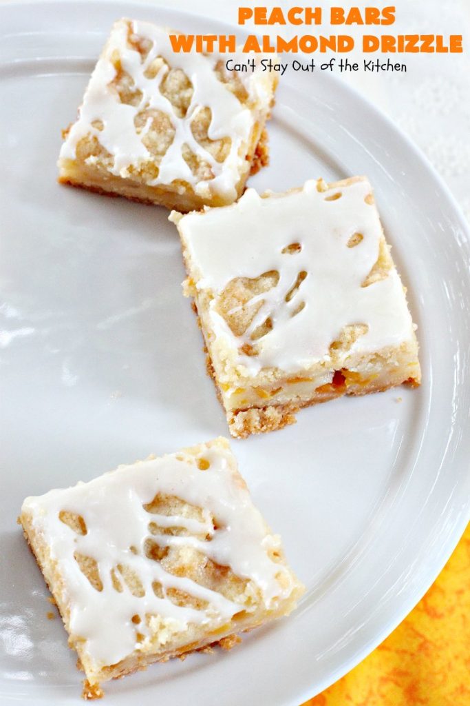 Peach Bars with Almond Drizzle | Can't Stay Out of the Kitchen | this heavenly #dessert uses fresh #peaches, has a streusel topping & glazed with #almond icing. Perfect #dessert for #LaborDay or other summer holidays. 