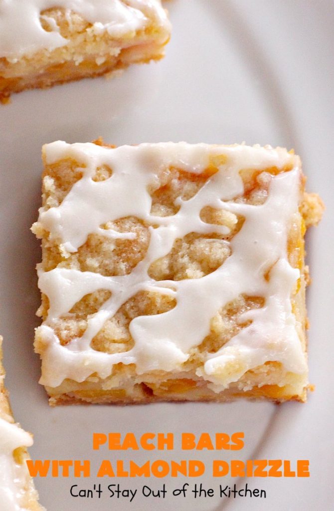 Peach Bars with Almond Drizzle | Can't Stay Out of the Kitchen | this heavenly #dessert uses fresh #peaches, has a streusel topping & glazed with #almond icing. Perfect #dessert for #LaborDay or other summer holidays. 