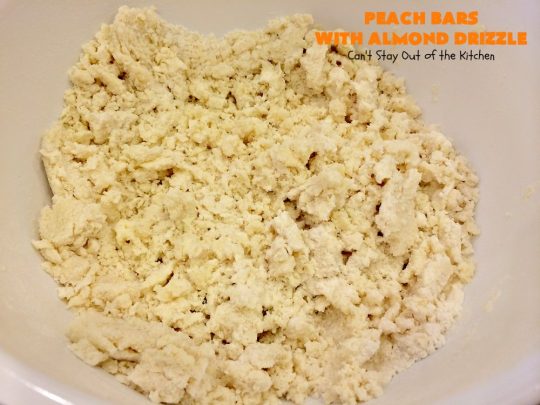 Peach Bars with Almond Drizzle | Can't Stay Out of the Kitchen | this heavenly #dessert uses fresh #peaches, has a streusel topping & glazed with #almond icing. Perfect #dessert for #LaborDay or other summer holidays. 