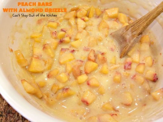 Peach Bars with Almond Drizzle | Can't Stay Out of the Kitchen | this heavenly #dessert uses fresh #peaches, has a streusel topping & glazed with #almond icing. Perfect #dessert for #LaborDay or other summer holidays. 