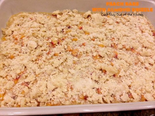 Peach Bars with Almond Drizzle | Can't Stay Out of the Kitchen | this heavenly #dessert uses fresh #peaches, has a streusel topping & glazed with #almond icing. Perfect #dessert for #LaborDay or other summer holidays. 