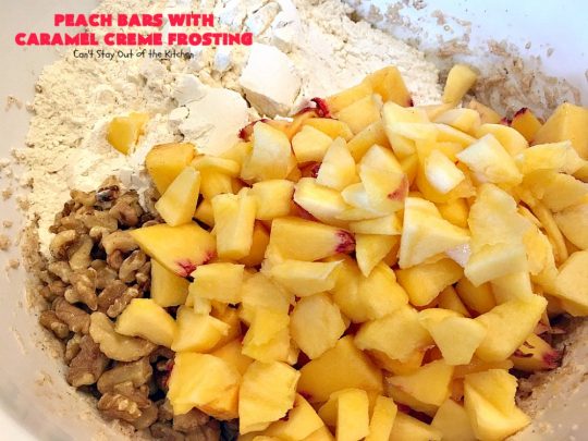 Peach Bars with Caramel Creme Frosting | Can't Stay Out of the Kitchen | this amazing #dessert has a luscious #caramel #marshmallow frosting to die for! It's the perfect #peach dessert for summer.