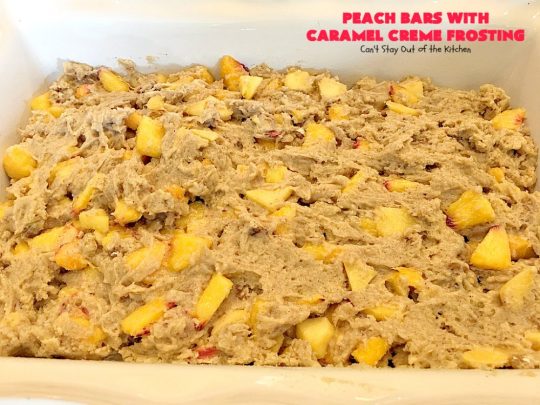 Peach Bars with Caramel Creme Frosting | Can't Stay Out of the Kitchen | this amazing #dessert has a luscious #caramel #marshmallow frosting to die for! It's the perfect #peach dessert for summer.