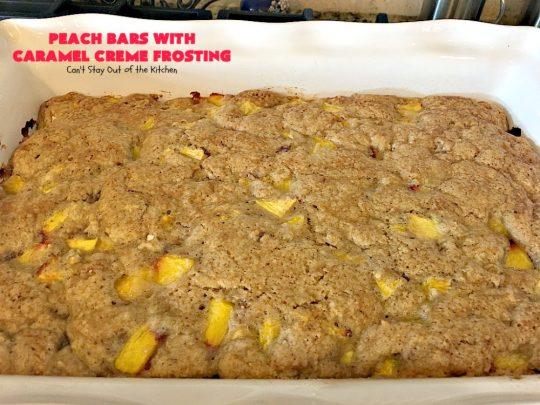 Peach Bars with Caramel Creme Frosting | Can't Stay Out of the Kitchen | this amazing #dessert has a luscious #caramel #marshmallow frosting to die for! It's the perfect #peach dessert for summer.