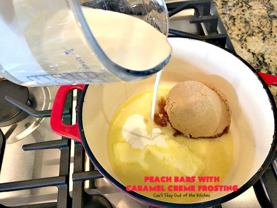 Peach Bars with Caramel Creme Frosting | Can't Stay Out of the Kitchen | this amazing #dessert has a luscious #caramel #marshmallow frosting to die for! It's the perfect #peach dessert for summer.