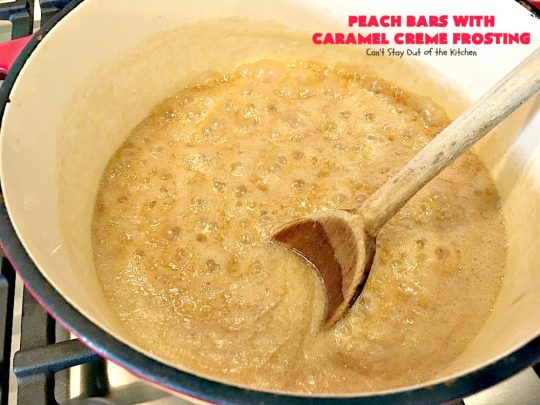 Peach Bars with Caramel Creme Frosting | Can't Stay Out of the Kitchen | this amazing #dessert has a luscious #caramel #marshmallow frosting to die for! It's the perfect #peach dessert for summer.