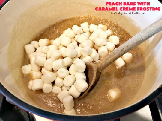 Peach Bars with Caramel Creme Frosting | Can't Stay Out of the Kitchen | this amazing #dessert has a luscious #caramel #marshmallow frosting to die for! It's the perfect #peach dessert for summer.