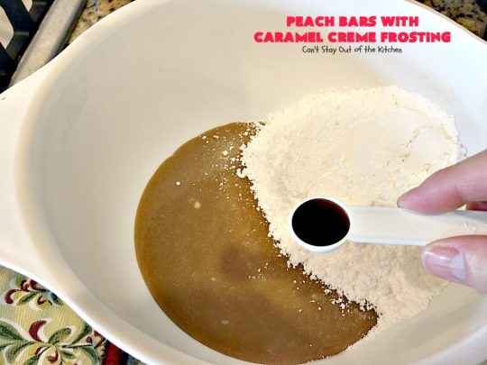 Peach Bars with Caramel Creme Frosting | Can't Stay Out of the Kitchen | this amazing #dessert has a luscious #caramel #marshmallow frosting to die for! It's the perfect #peach dessert for summer.