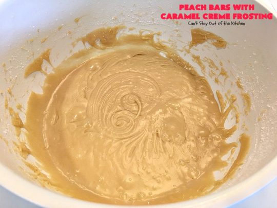 Peach Bars with Caramel Creme Frosting | Can't Stay Out of the Kitchen | this amazing #dessert has a luscious #caramel #marshmallow frosting to die for! It's the perfect #peach dessert for summer.