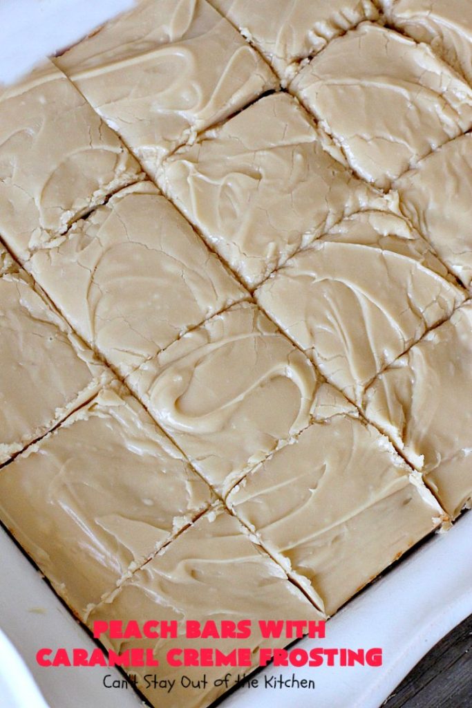 Peach Bars with Caramel Creme Frosting | Can't Stay Out of the Kitchen | this amazing #dessert has a luscious #caramel #marshmallow frosting to die for! It's the perfect #peach dessert for summer.