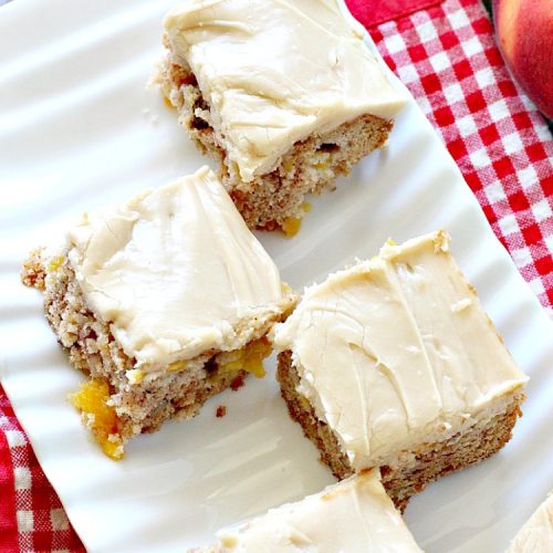 Peach Bars with Caramel Creme Frosting | Can't Stay Out of the Kitchen | this amazing #dessert has a luscious #caramel #marshmallow frosting to die for! It's the perfect #peach dessert for summer.