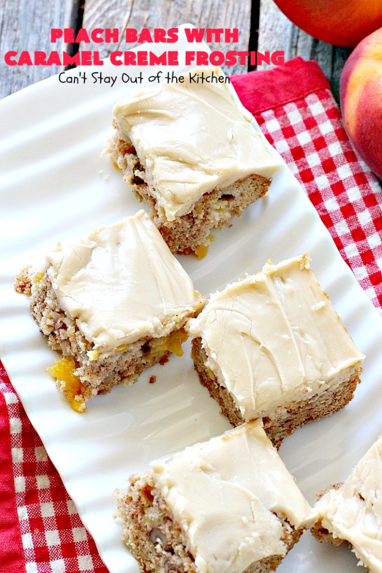 Peach Bars with Caramel Creme Frosting | Can't Stay Out of the Kitchen | this amazing #dessert has a luscious #caramel #marshmallow frosting to die for! It's the perfect #peach dessert for summer.