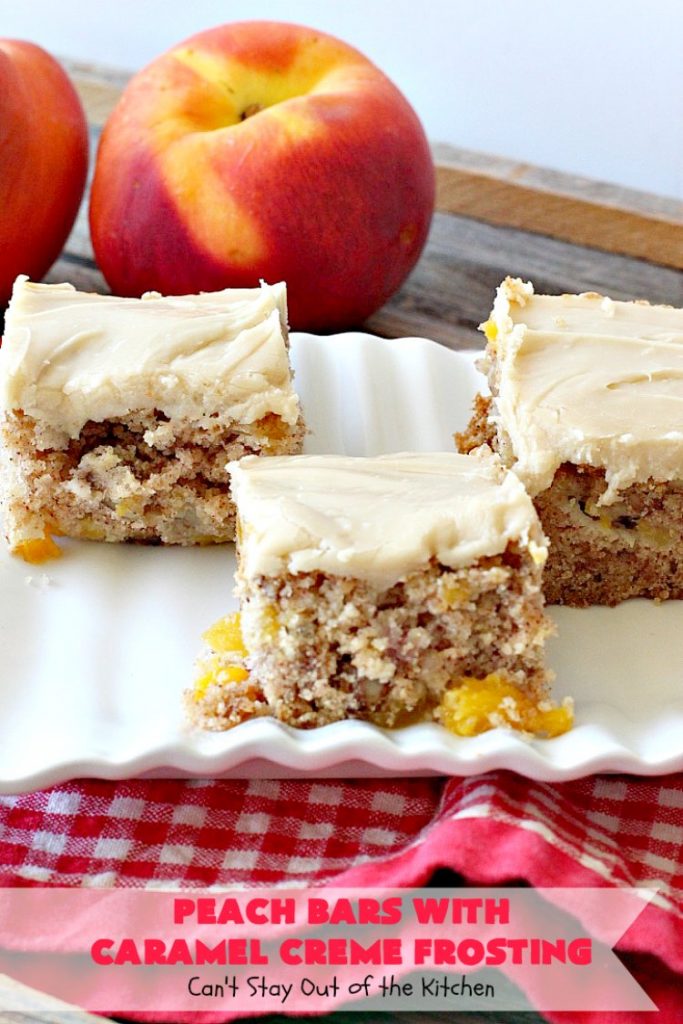 Peach Bars with Caramel Creme Frosting | Can't Stay Out of the Kitchen | this amazing #dessert has a luscious #caramel #marshmallow frosting to die for! It's the perfect #peach dessert for summer.