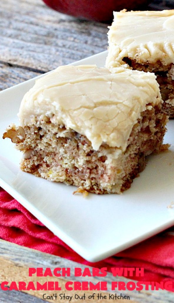 Peach Bars with Caramel Creme Frosting | Can't Stay Out of the Kitchen | this amazing #dessert has a luscious #caramel #marshmallow frosting to die for! It's the perfect #peach dessert for summer.