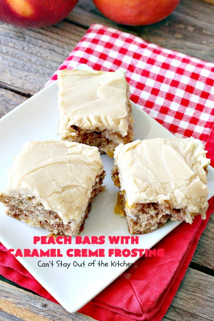 Peach Bars with Caramel Creme Frosting | Can't Stay Out of the Kitchen | this amazing #dessert has a luscious #caramel #marshmallow frosting to die for! It's the perfect #peach dessert for summer.