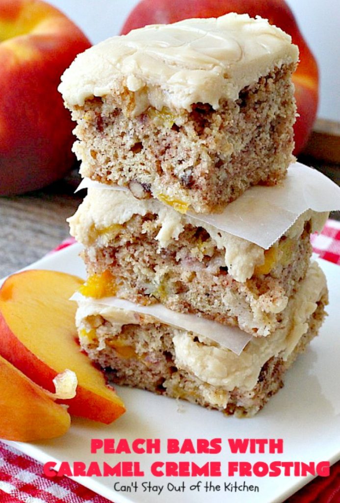 Peach Bars with Caramel Creme Frosting | Can't Stay Out of the Kitchen | this amazing #dessert has a luscious #caramel #marshmallow frosting to die for! It's the perfect #peach dessert for summer.